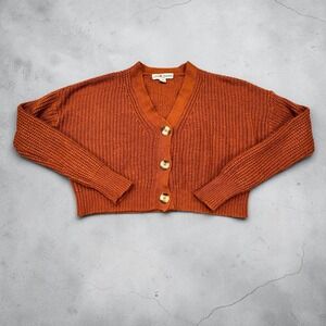 Love Change Cardigan Women Medium Rust Orange Ribbed Knit Boho Boxy Cropped Fit